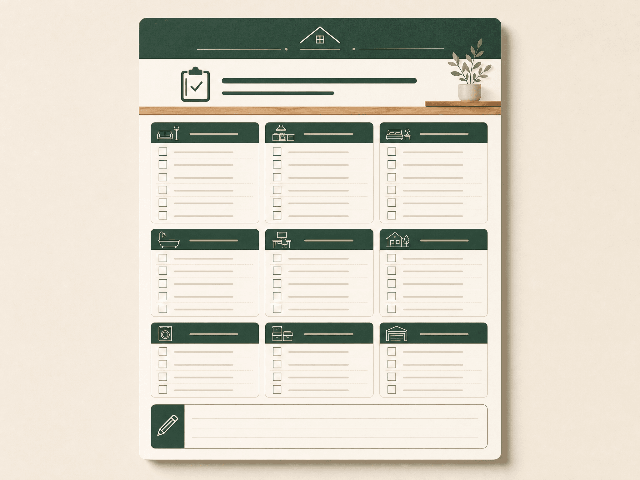 Room-by-room viewing checklist with tick boxes grouped by area